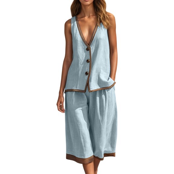 Likimi 2 Piece Sets For Women Sleeveless V Neck Button Down Solid Color Top With High Waist Shorts Summer Fashion Comfort Outfit Set Blue Size L