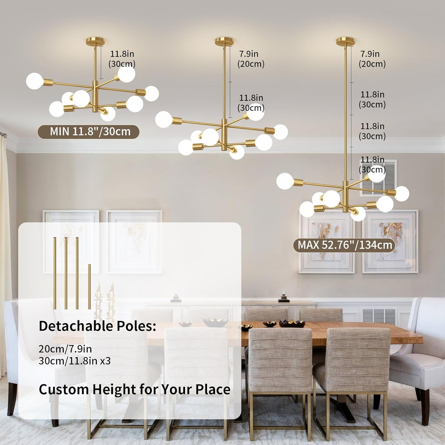 Senhu Modern Sputnik Chandeliers Light, 8-Light Gold Dining Room Chandelier Over Table, Mid Century Ceiling Light Fixtures Height Adjustable Hanging Pendant Lighting for Entryway Foyer