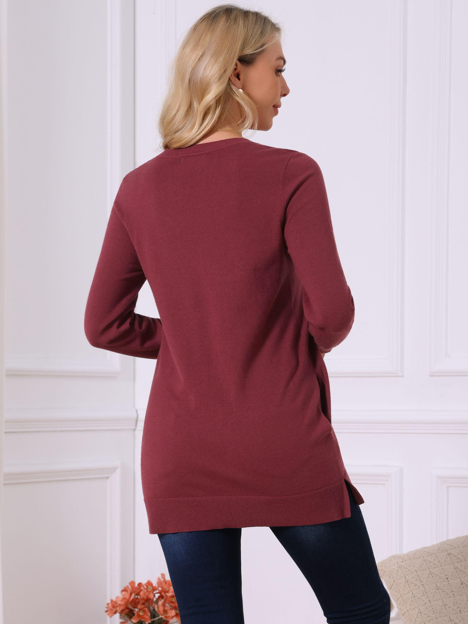 DARING DIVA V Neck Long Sleeve Chunky Knit Pullover Sweater XL Wine Red