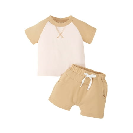 

Qtinghua Toddler Baby Boy Summer Clothes Short Sleeve T-Shirt Top Jogger Shorts 2Pcs Outfits Khaki 6-12 Months