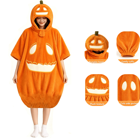 AGWOLF Halloween Pumpkin Costume for Women Adult Plush Halloween Pumpkin Pajamas with Hood Long Sleeve Loose PJ Loungewear Halloween Cosplay Costume orange 120*80