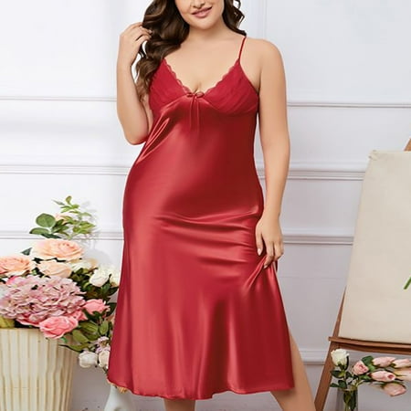 Nrmvnmi Plus Size Women Satin Babydoll Nightgown Chemises Lace Modal Sleepwear V-Neck Full Slip Sleep Dress