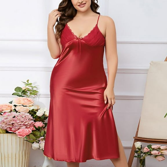Xysaqa Women's Plus Size Full Slip Nightgown Chemise Sexy Side Split Negligees Satin Nightgowns for Women Soft Comfy V Neck Sleepwear Full Length XL 2X 3X Clearance Red