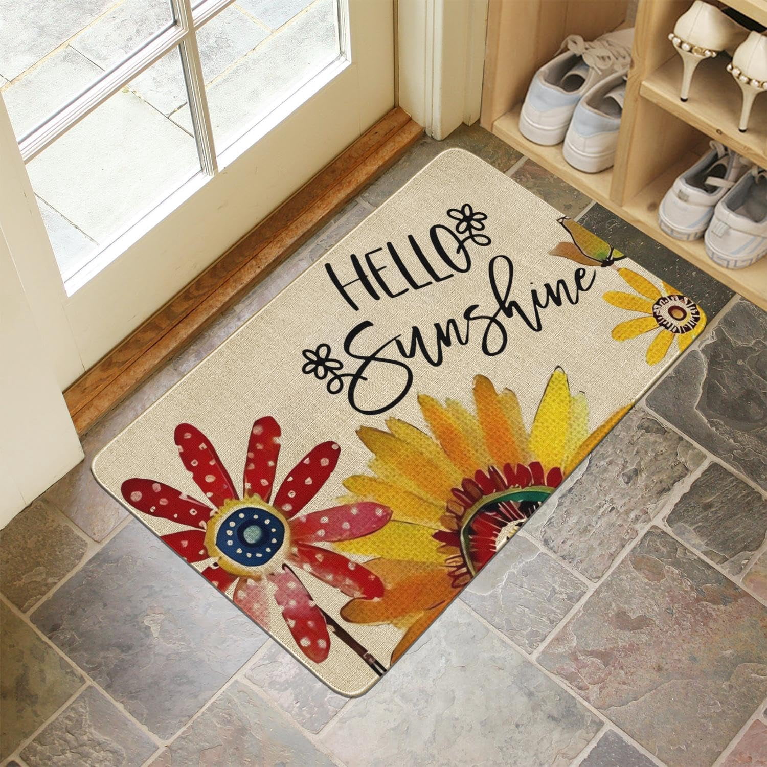 Hello Summer Door Mat 30 X 17 Inch Doodle Sunflower Butterfly Door Mat Indoor Outdoor Entrance Floor Mat Non Slip Summer Decor Rubber Welcome Mats