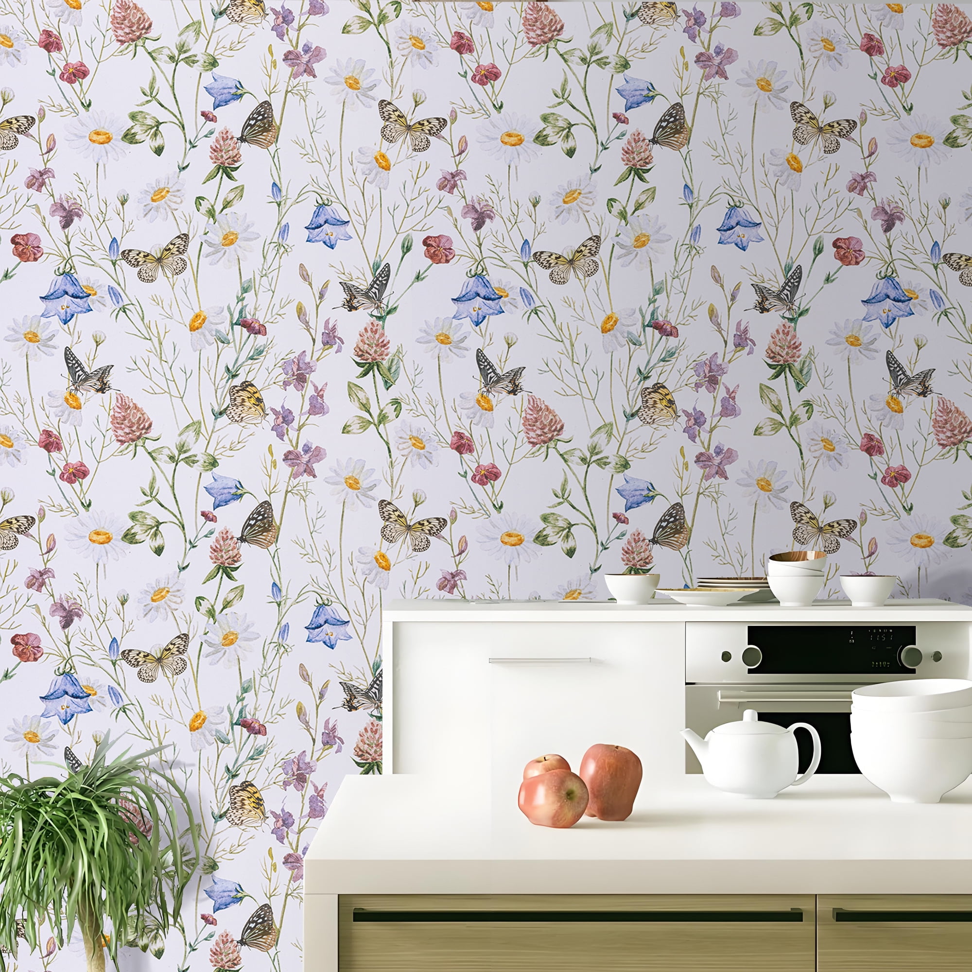 Abyssaly Floral Peel and Stick Wallpaper 17.3" × 393.7",Butterfly and Flower, White Removable Self-Adhesive Vinyl Wall Paper for Home Decor