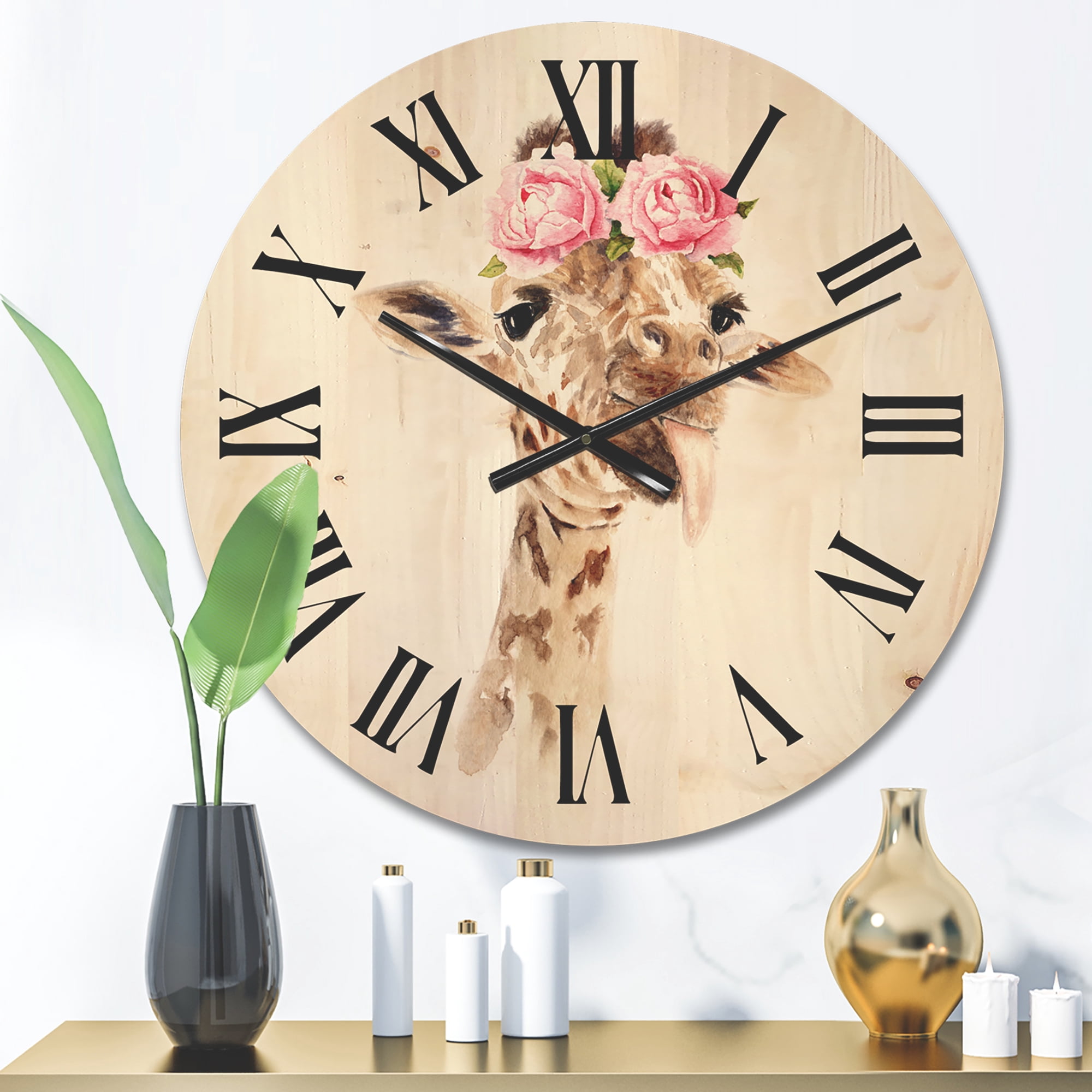 Designart 'Portrait of A Giraffe With Pink Flowers' Farmhouse Wood Wall Clock