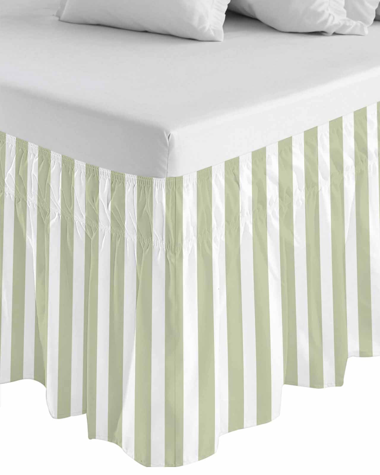 Sage Green Striped Bed Skirt Queen Size, Modern Farmhouse Sage Green White Stripes Wrap Around Bed Skirting with Adjustable Elastic Strap, Dust Ruffle Pleated Bedskirts 16 Inch Drop for Bedroom Beds