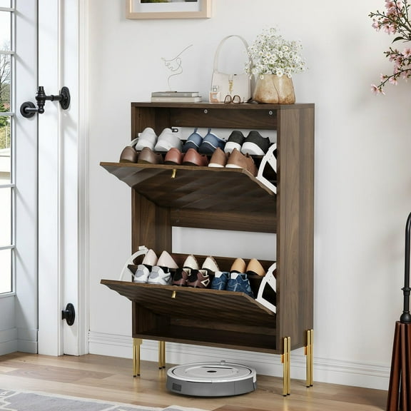 Kepooman 23.6" Shoe Cabinet with Metal Legs and Suitable, Shoe Cabinet Organizer for Entry, Hallway, Entryway, Walnut