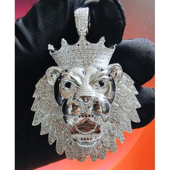 Aishvi Jewels Moissanite Lion Big Head Pendant Round Natural Tester Pass Moissanite 14K White Gold Plated 925 Sterling Silver, Lion Hip Hop Pendant