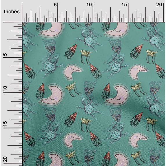 oneOone Viscose Chiffon Dusty Teal Green Fabric Baby Feeder|Moon & Cartoon Sheep Kids Quilting Supplies Print Sewing Fabric By The Yard 42 Inch Wide