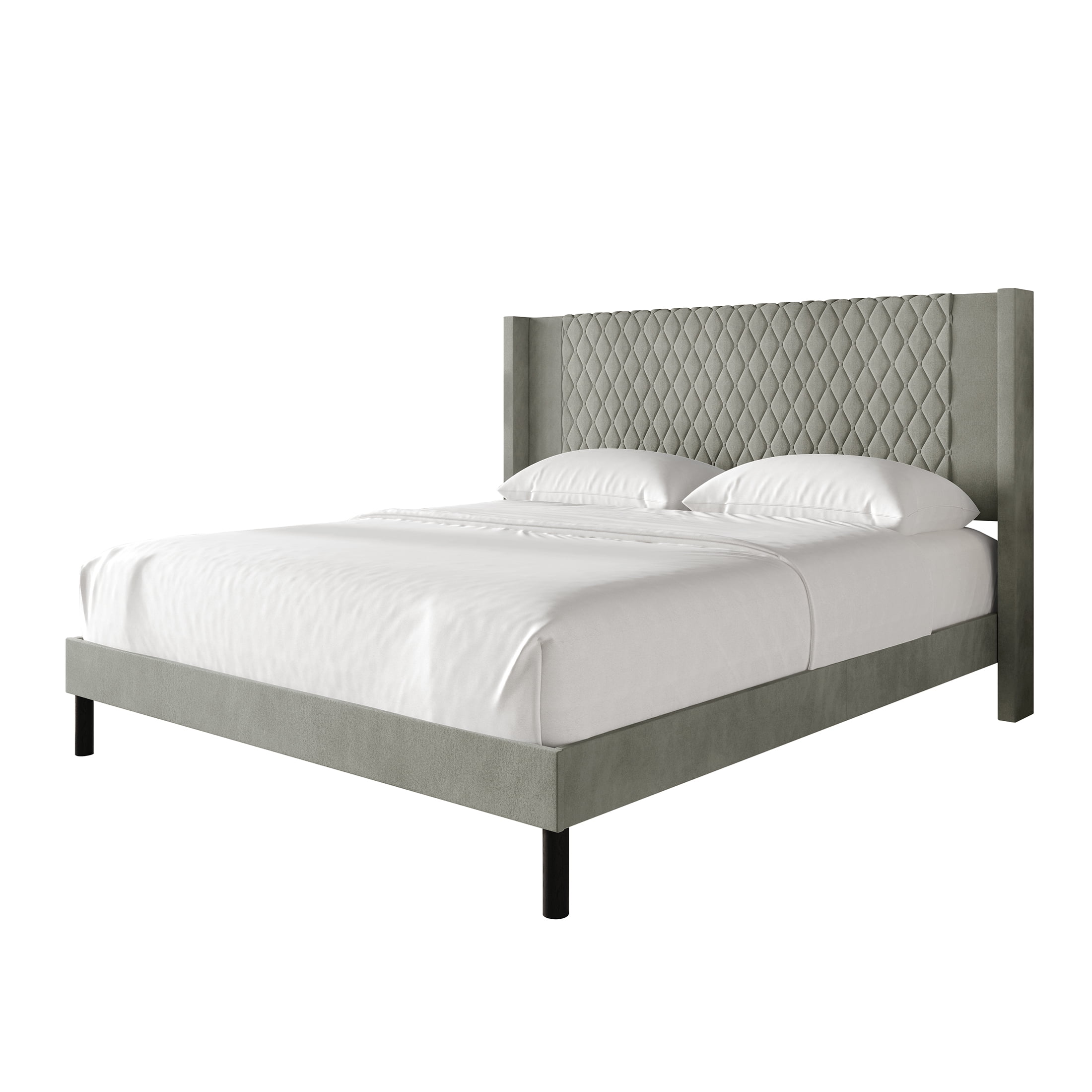 Castle Place Transitional Diamond-Stitched Velvet Wingback Queen Platform Bed, Grey