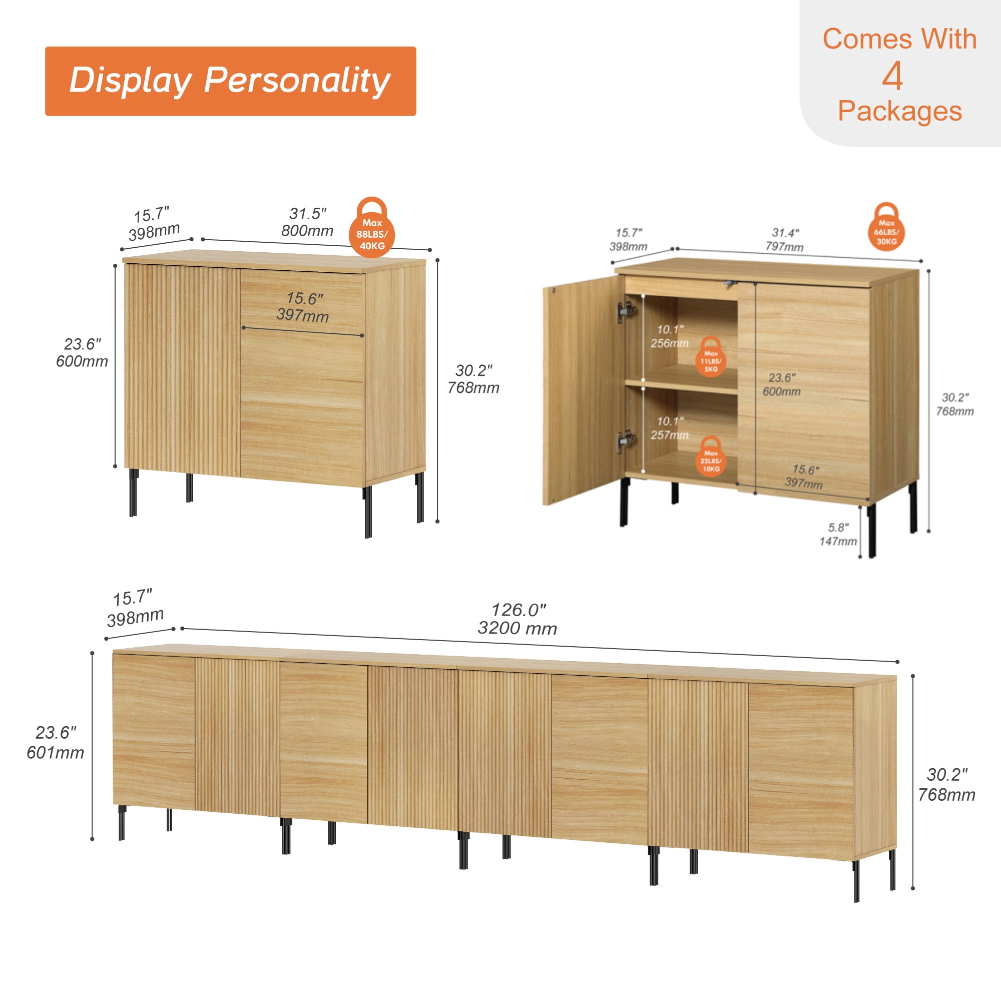 126" Modern Fluted TV Stand with 8 Doors, Entertainment Center with Adjustable Shelf, Wooden TV Console with Storage for Living Room