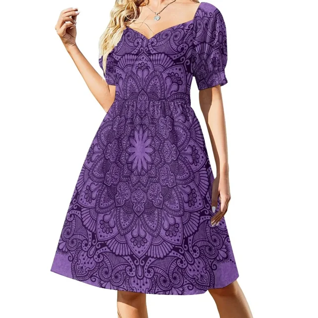 Vestido de verano de manga corta con estampado de mandala morado oscuro para mujer, ideal para fiesta de graduación.