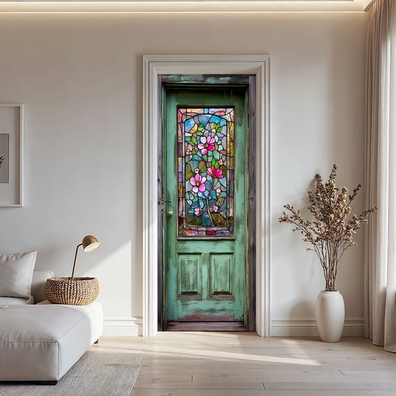 Distressed Green Wooden Door with Stained Glass Flowers Sticker, Rustic Cottage Style Door Mural Decal
