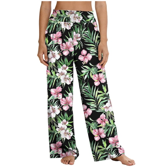 Women Printed Linen Blend Pants High Waist Elastic Waist Straight Leg Loose Fit Summer Casual Trousers Black XXL
