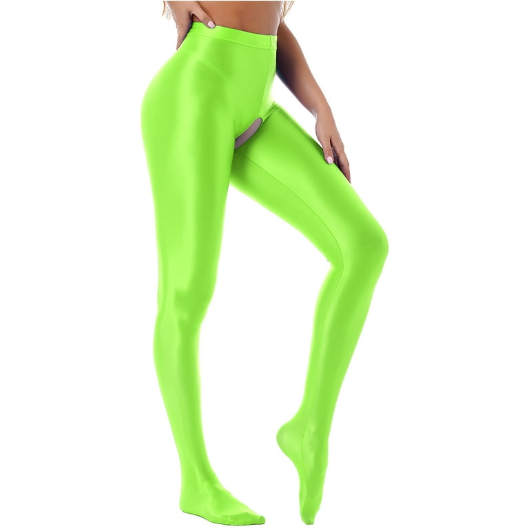 Alvivi Women's Oily Glossy Opaque Crotchless Pantyhose Stretchy Full Footed  Tights Pilates Yoga Pants Sports Leggings Fluorescent Green XL 