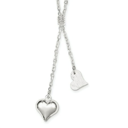 Fancy Puffed Heart - 925 Sterling Silver Polished & Textured Puffed Heart Fancy Drop Necklace