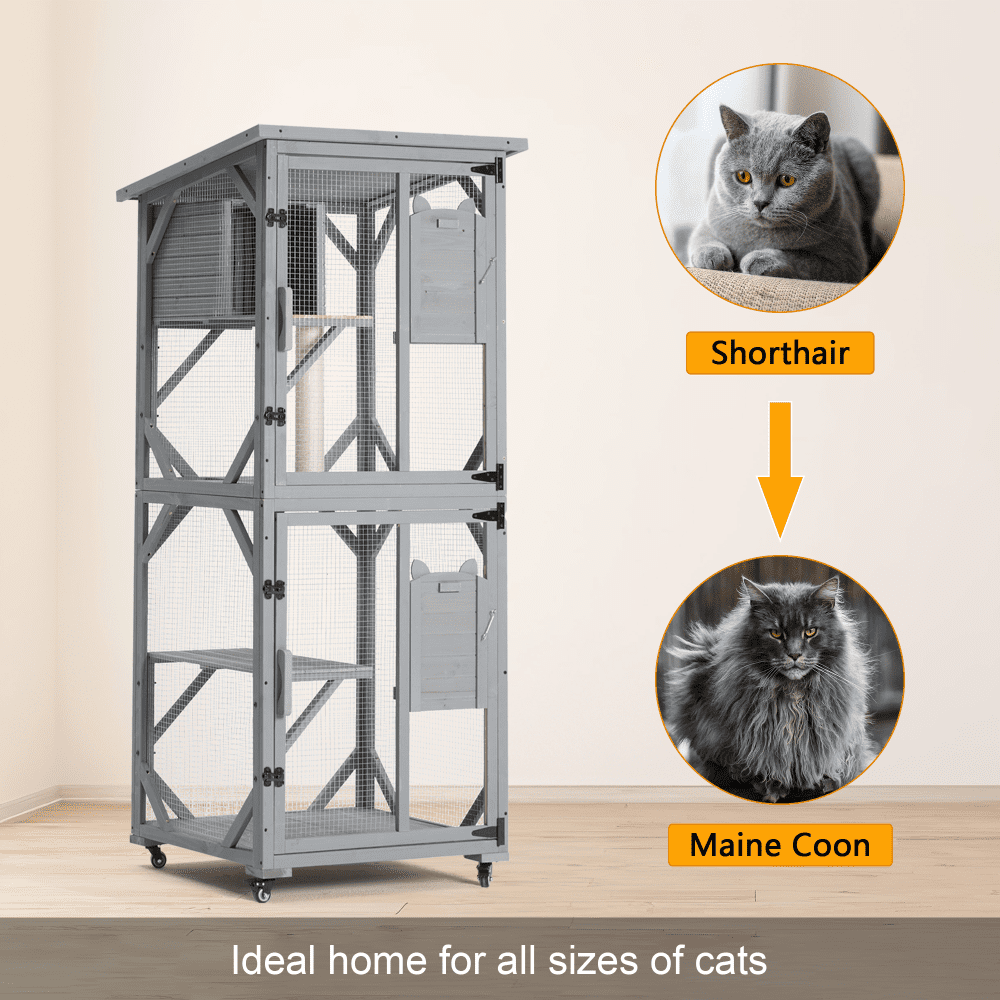 Large Outdoor Catio Cat Enclosure with Wheels,Waterproof Roof&Multi-Level Play Areas,70.9"