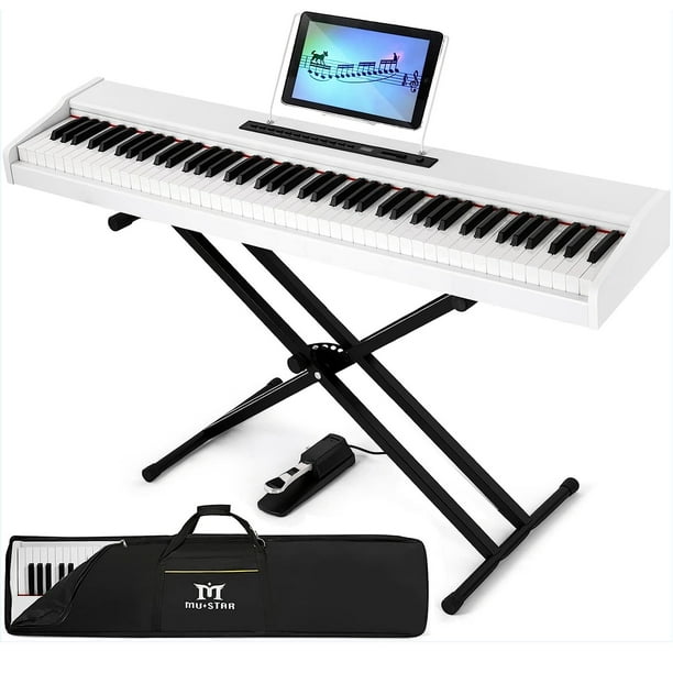 MUSTAR Piano Numérique Portable à 88 Touches, Clavier Lesté, Action Marteau avec Support, Bluetooth, Pédale de Sustain, Sac de Transport (Blanc)