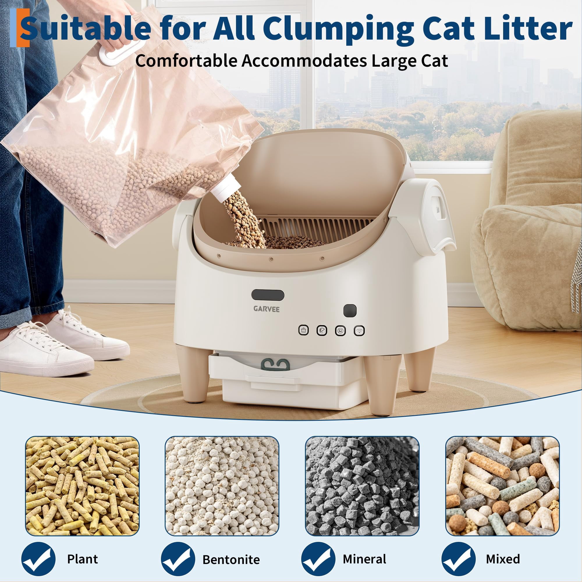 Open-Top Automatic Cat Litter Box, Self Cleaning Cat Litter Box with App Control & Weight Monitoring, 10.5L Large Capacity for Multiple Cats, Ultra-Quiet & Odor Control, 1 Rolls Refill Bags Included