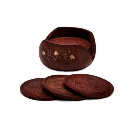 Wooden Coaster Set - Benzara Handmade Wooden Coasters With Holder In Rosewood, Set Of 6, Brown