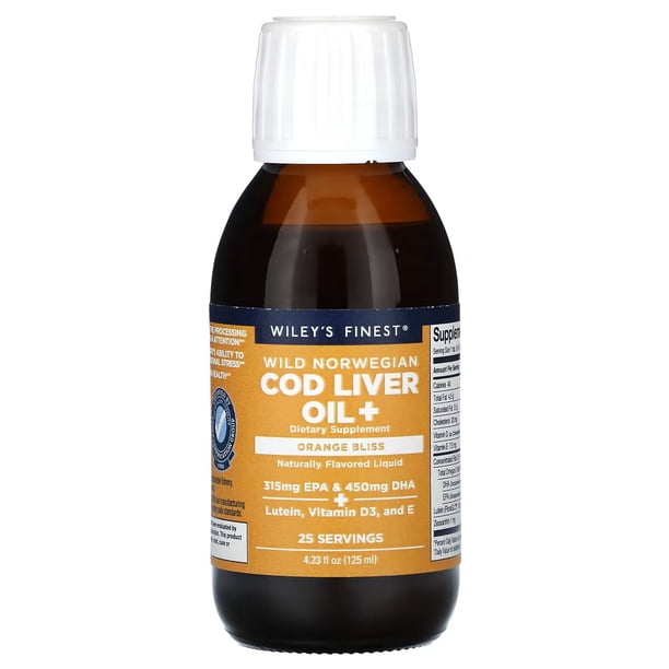 Wiley's Finest | Aceite de hígado de bacalao noruego de naranja 125 ml (4,23 oz. Líq.) Suplemento con Luteína, vitamina D3 y E.