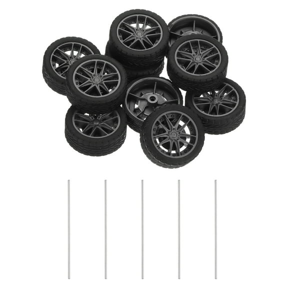 10pcs Toy Car Wheels, 32mmx10.5mm Plastic Roll and 2mmx100mm Shaft Round Rod Axles for DIY RC Car Truck Boat Helicopter Model Part, Silver Grey
