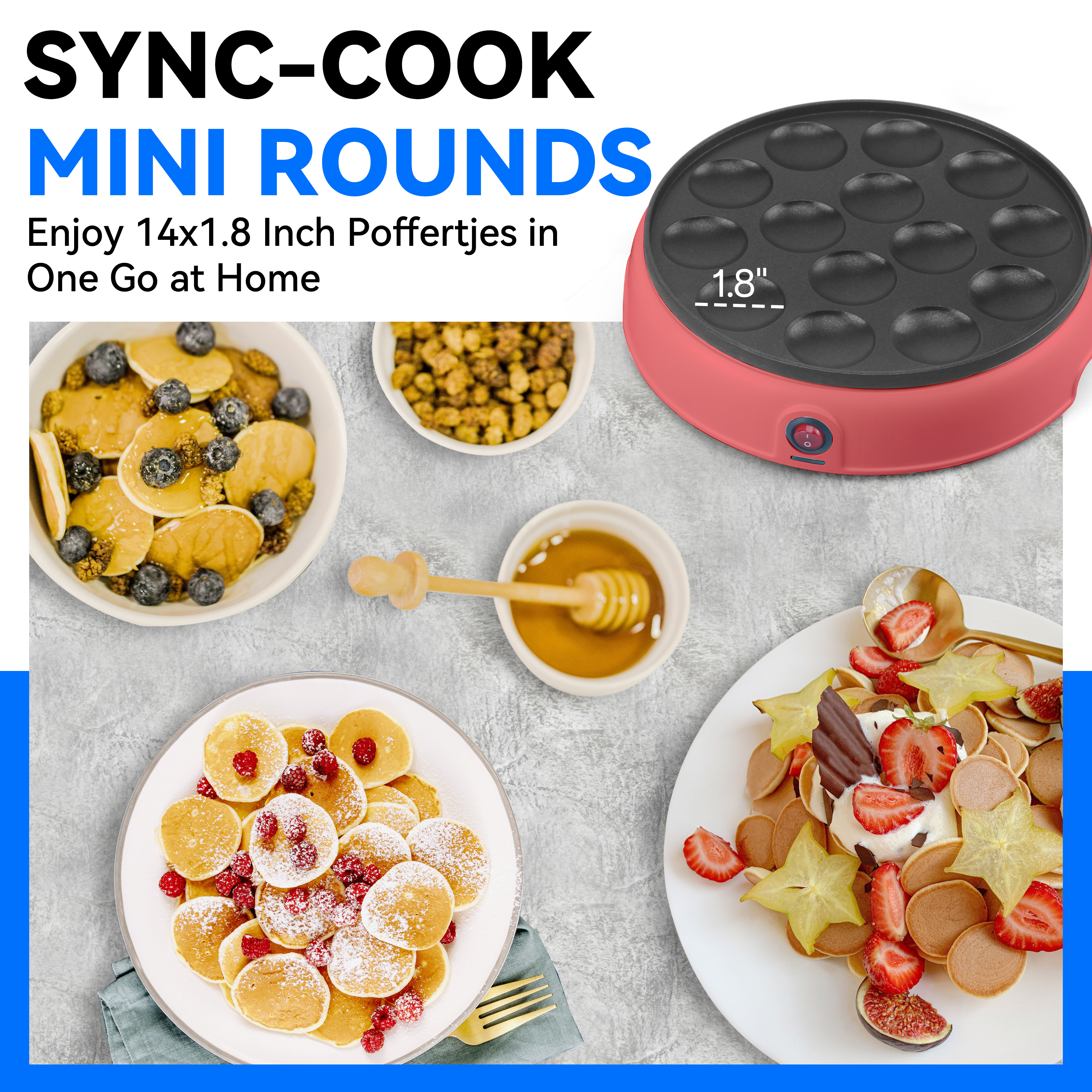 Mailand 1.8 Inch x14 Holes Mini Pancakes Maker Machine, Dutch Mini Pancake Griddle, Non-stick Poffertjes Pan, 2 x Forks Included, Red