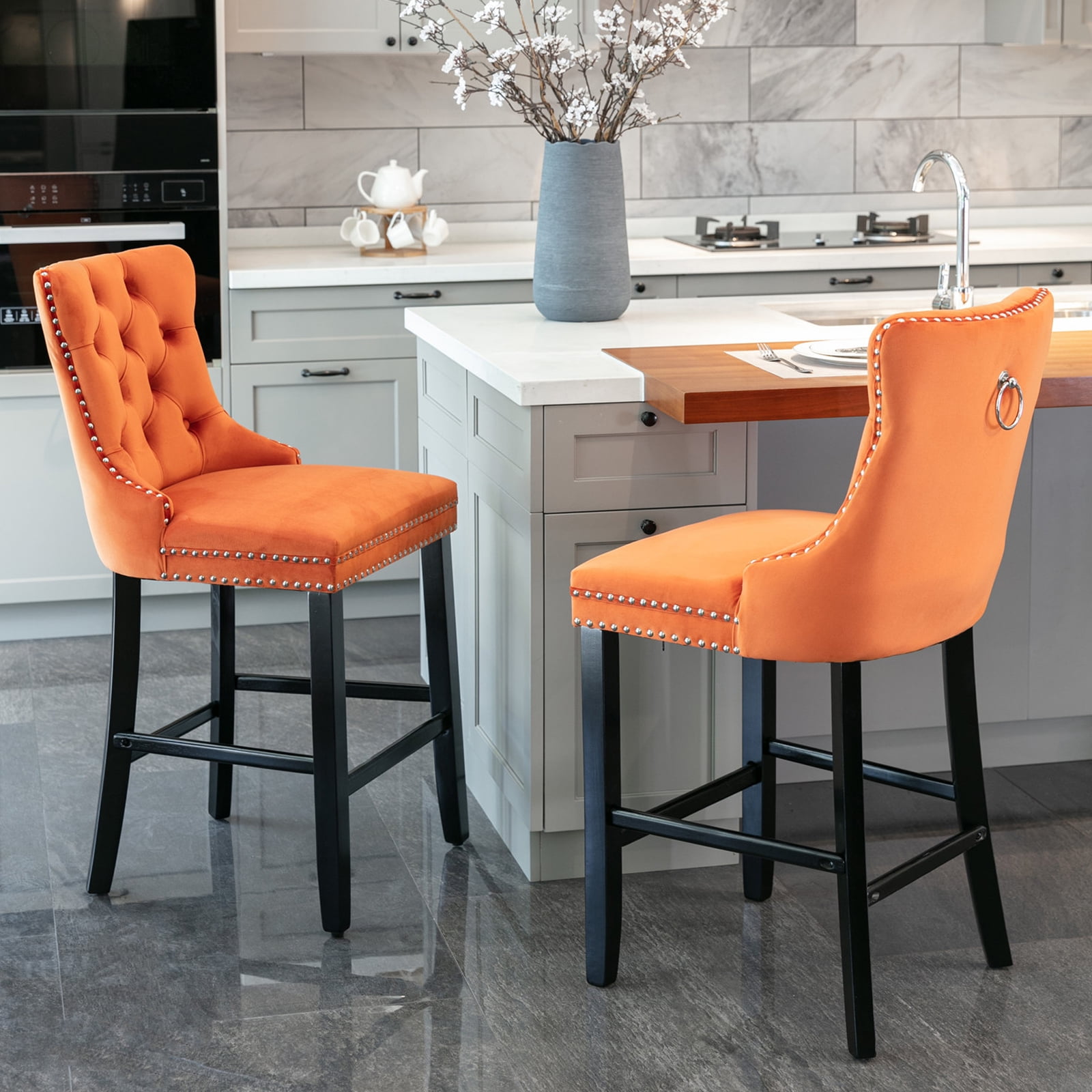 UWR-Nite Velvet Counter Height Upholstered Barstools Set of 2, Wingback ...