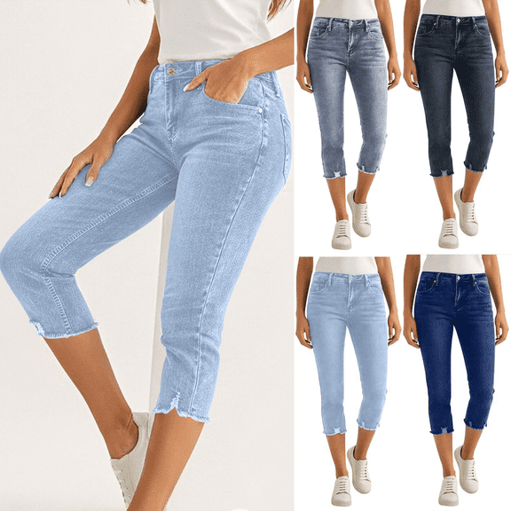 Dvprdro Denim Capri Pants for Women Stretchy Elastic Waist Slim Fit Side Pockets Summer Casual