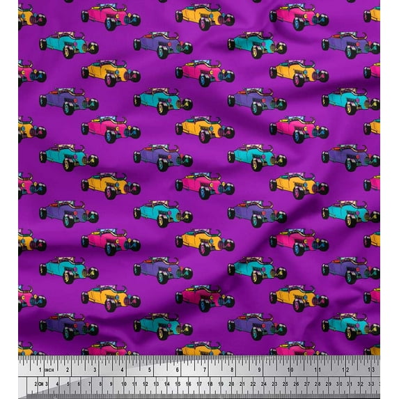 Soimoi Purple Velvet Fabric Colorful Cars Transport Print Fabric by the Yard 58 Inch Wide
