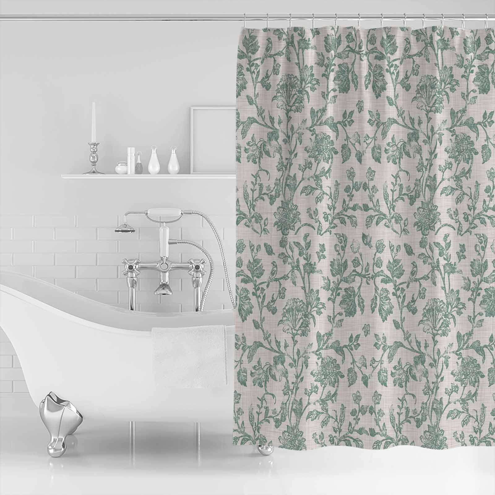 Small Stall Shower Curtain 36x72 Inch Narrow Half Size Turquoise Farmhouse Bath Curtains Bathroom Decor Vintage Flower Leaf Botanical Plant Waterproof Fabric Shower Curtain Set with Hooks 36 Inch
