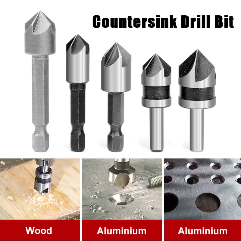 5Pcs 5 Flutes 6-12# Carpentry Countersink Drill Bit Set 1/4" Hex Shank HSS US 