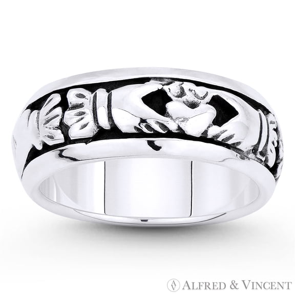 Irish Claddagh Love & Friendship 7mm Eternity Band in Oxidized .925 Sterling Silver