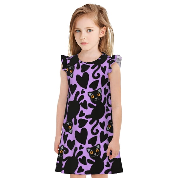Balery Cartoon Black Cats Camisón de princesa para niñas, pijama de algodón con mangas abullonadas, suave y bonito.-Medium