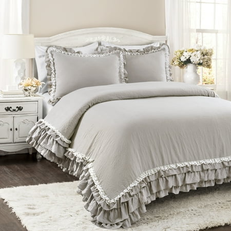 3pc Full/Queen Ella Lace Ruffle Comforter & Sham Set Light Gray - Lush Décor