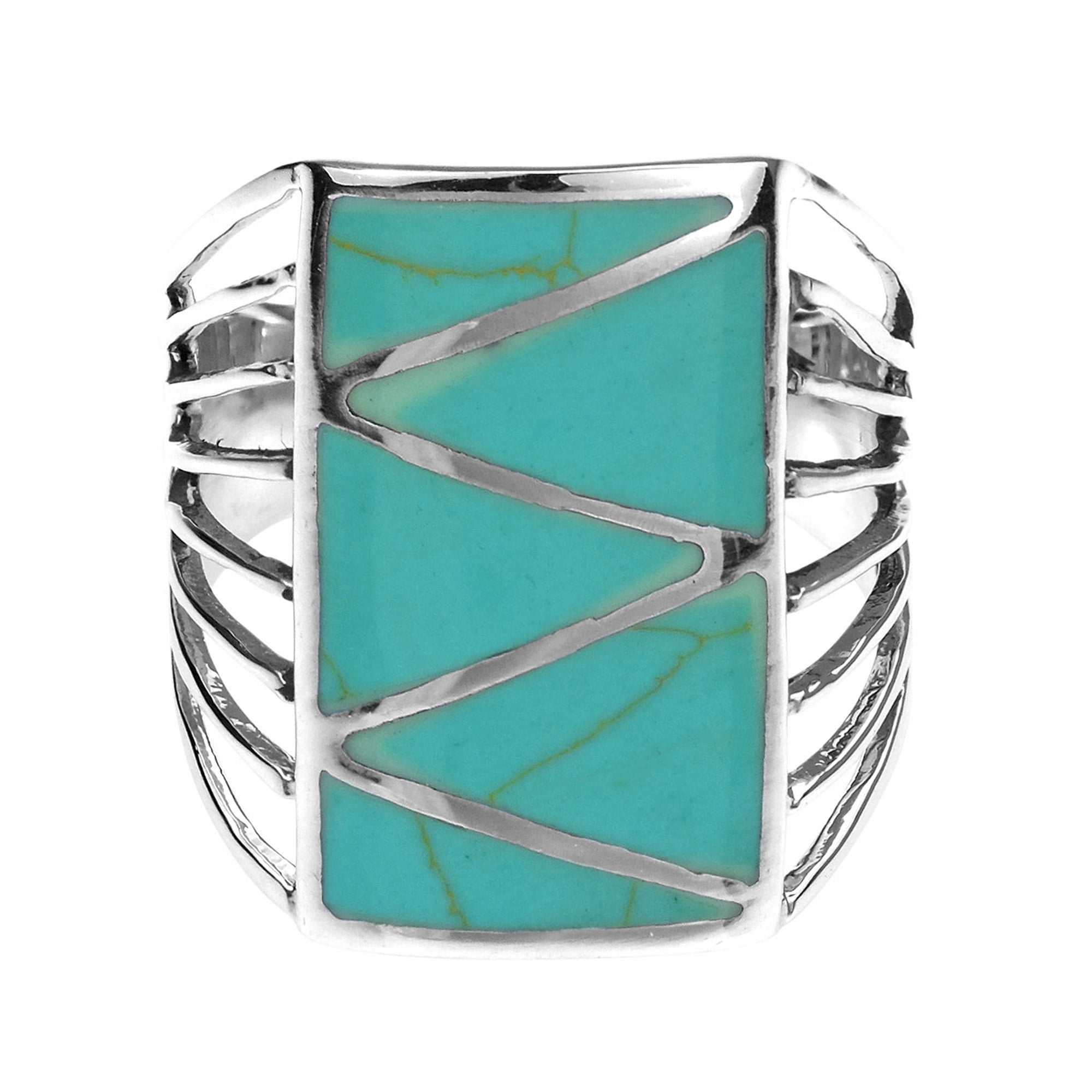 STERLING SILVER GREEN TURQUOISE BAND ZIG ZAG RING 