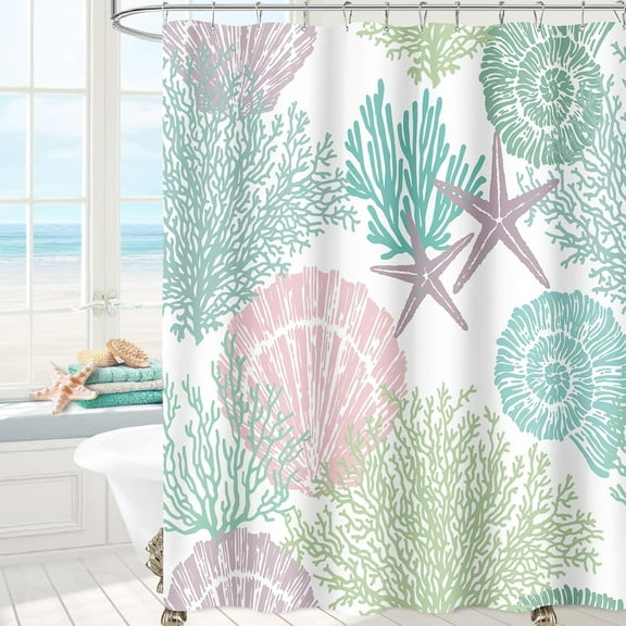 Nautical Coastal Shower Curtain, Pink Green Beach Ocean Theme Shower Curtain for Bathroom Decor, Summer Tropical Seashell Starfish Coral Fabric Shower Curtain Set with Hooks, 72x72