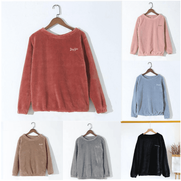 asjyhkr Pajama Tops for Women Long Sleeve Crew Neck Fleece Lined Thermal Causal Breathable Sleepwear Homewear Solid Color Sleepshirts