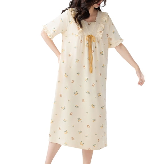 SWSMCLT Women's Cotton Maternity Nightgowns Crew Neck Baggy Falbala Summer Night Gown Lace Short Sleeve Fall Sleepwear Style3 Large