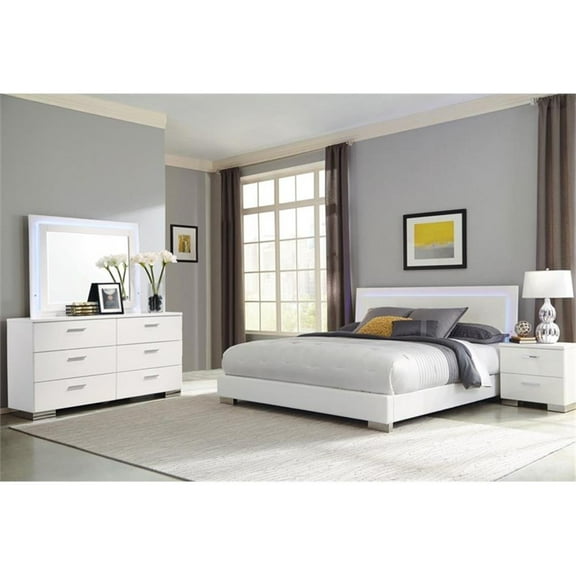Pemberly Row 4-Piece Faux Leather Eastern King Bedroom Set in Glossy White