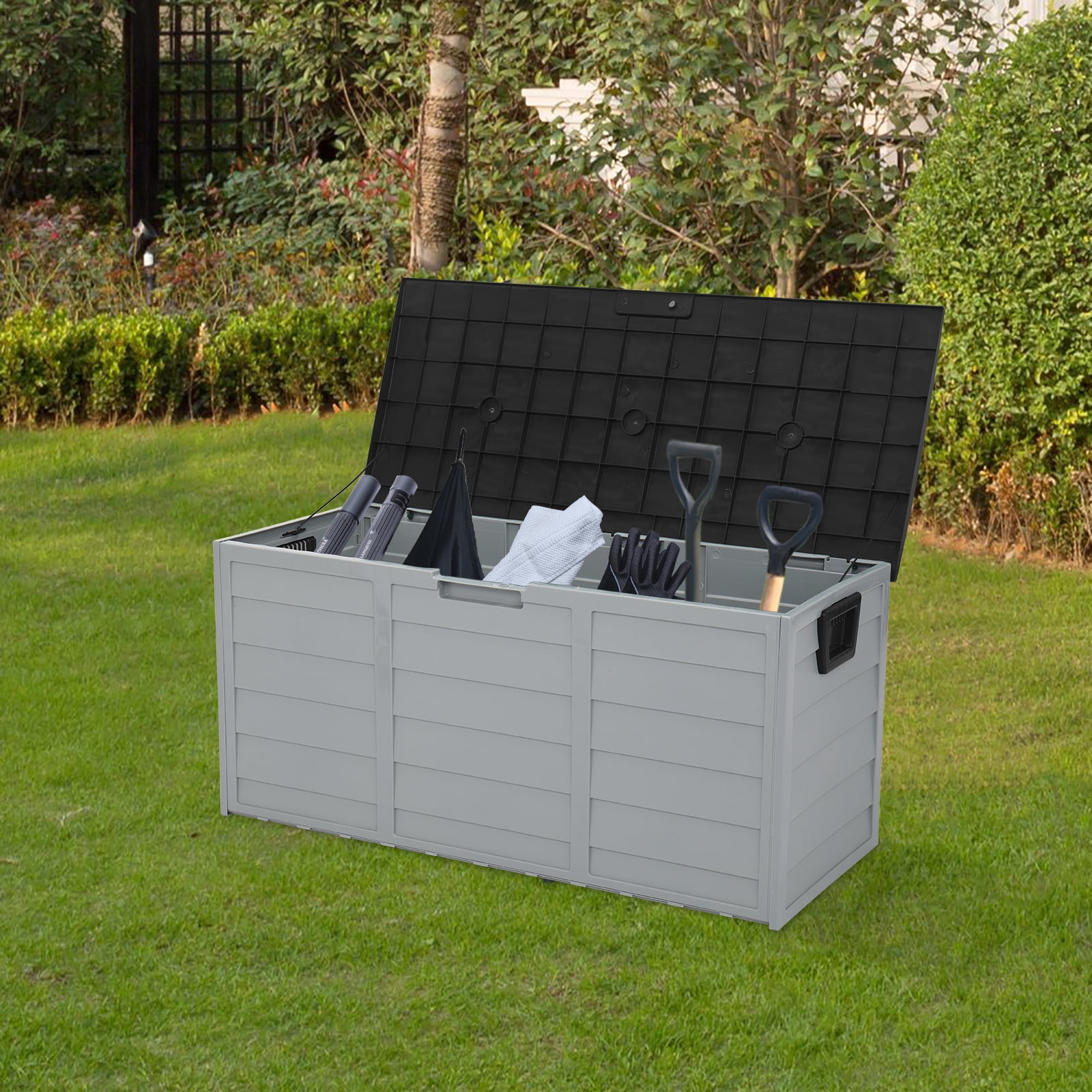 Black Outdoor Storage Bench Weather-Resistan 44 x 21.3 x 19.3 Inches Outdoor Garden Plastic Storage Box,75gal 260L Garden Storage Chest with Wheels