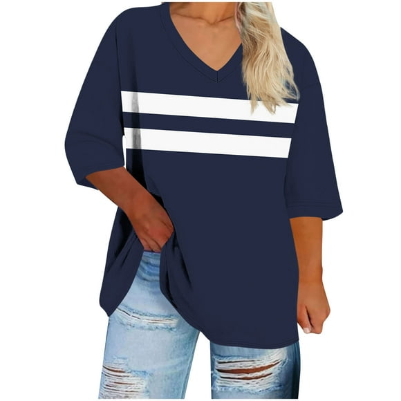 biudgviw Women's Plus Size Tops Color Block 3/4 Sleeve Tunic Tops Oversized Casual V Neck Basic Tees Fall Trendy Clothes
