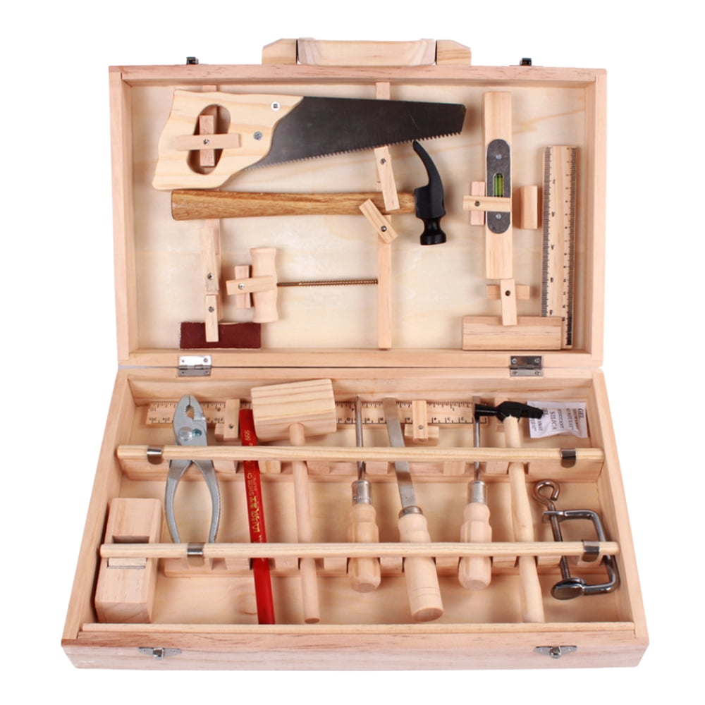 Set of 16 Pcs Repair Tools Wooden Toolbox Toy Toolbox Pretend Repair Box Toy 