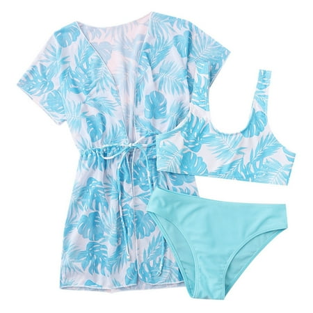 Zhouzou Girls 3 Piece Tropical Bathing Suits Cute Bikini Swimsuit With Cover Up Sizes 9-10 Years