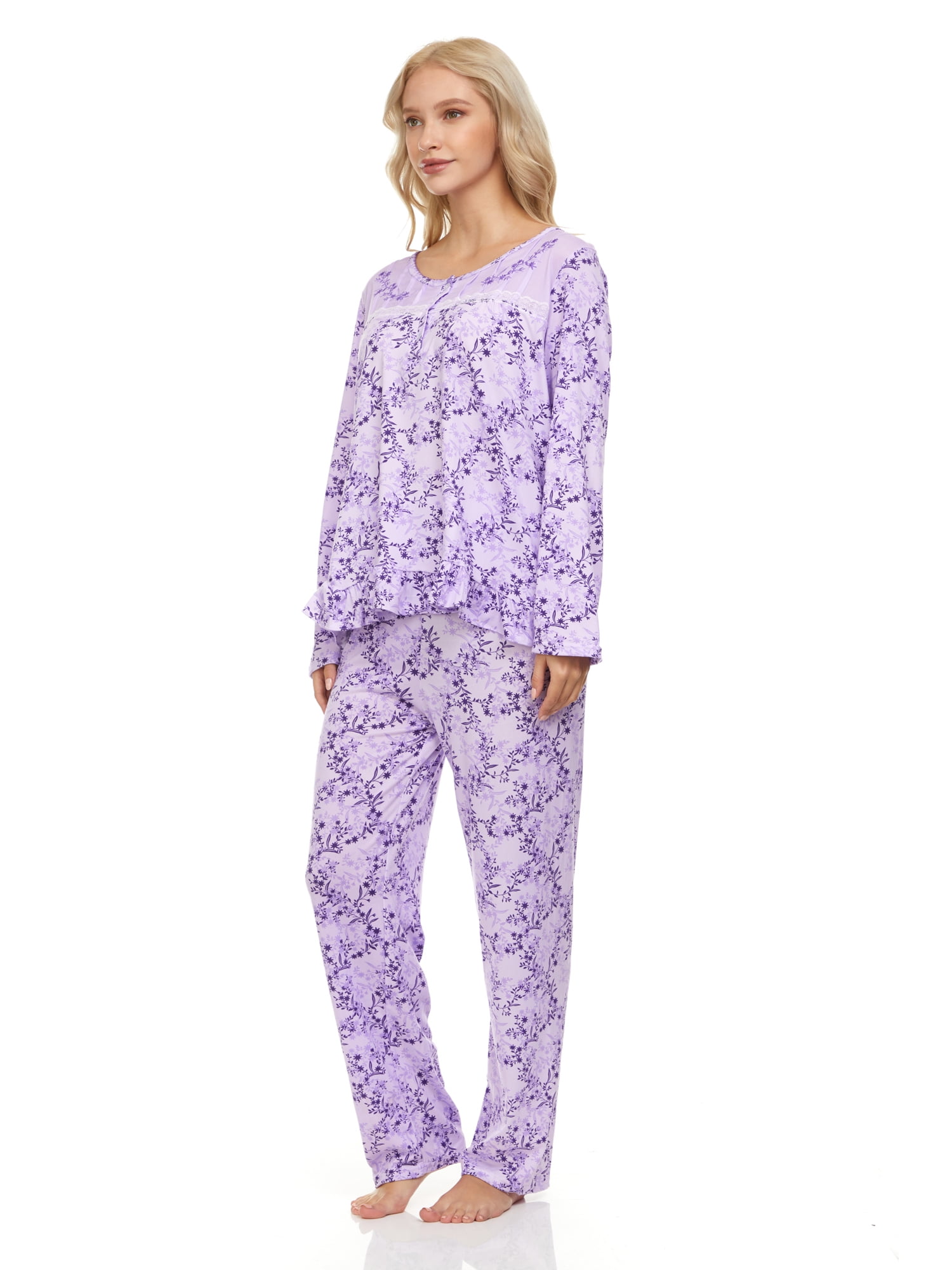 Lati Fashion Women Pajamas Set Pants and Top Long Sleeve, 2Piece Female Pajamas Set Purple XL