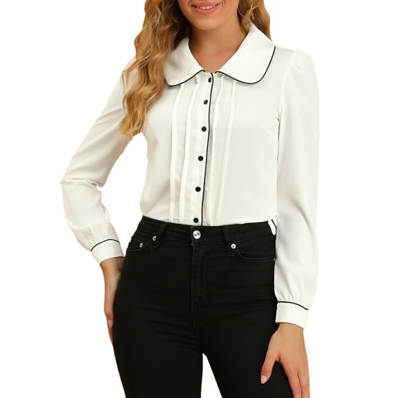DARING DIVA Women's Peter Pan Collar Puff Sleeve Work Blouse XS White