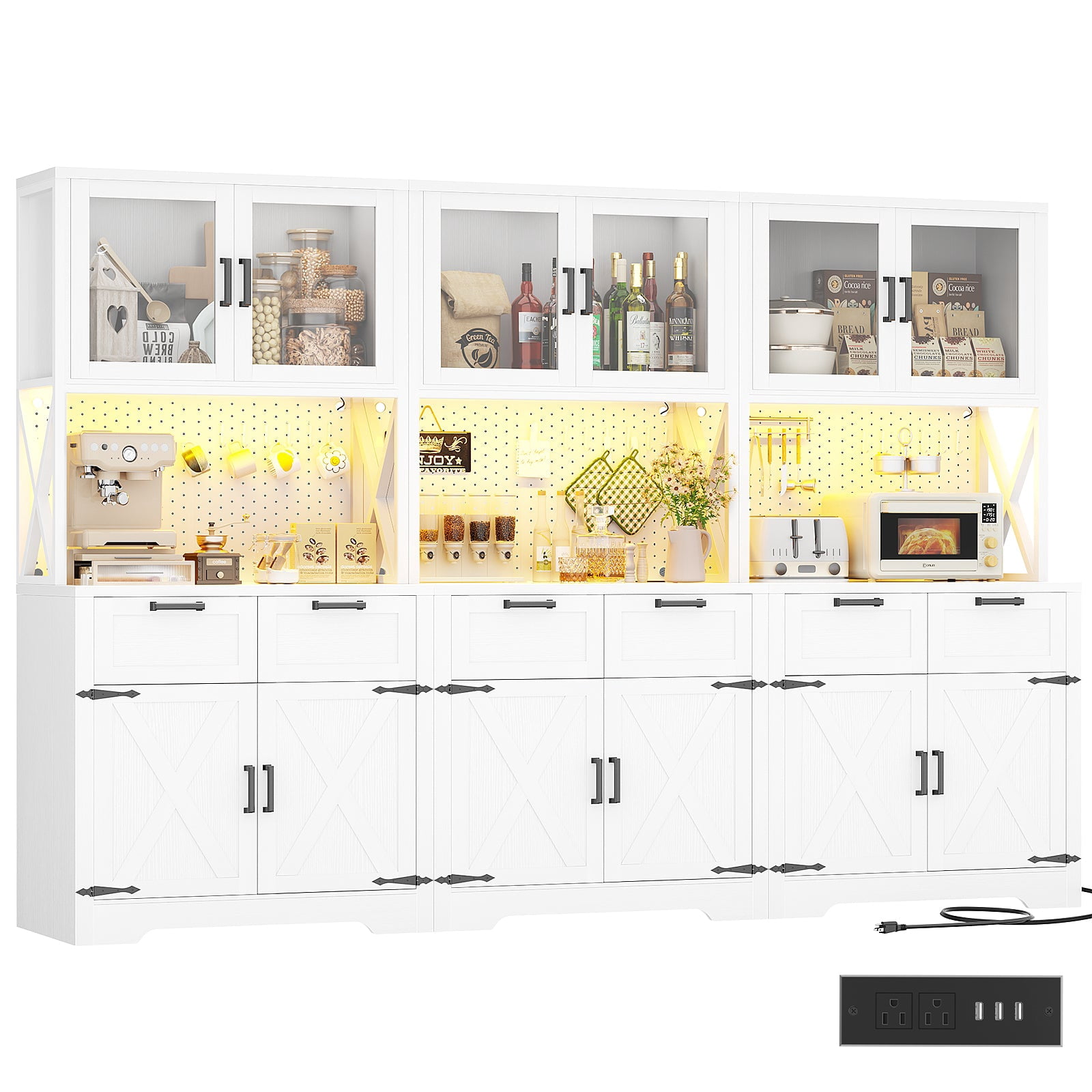 Homieasy 71'' Tall Farmhouse Pantry Cabinet with 6 Drawers and 12 Doors, 94.5'' Width 3-Piece Cupboard with Adjustable Shelves for Dining, Kitchen, Living Room, White