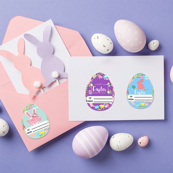10 Sheets Easter Gift Tag Stickers, Hand-Writable Labels with Bunny & Egg Designs for Holiday Gifting