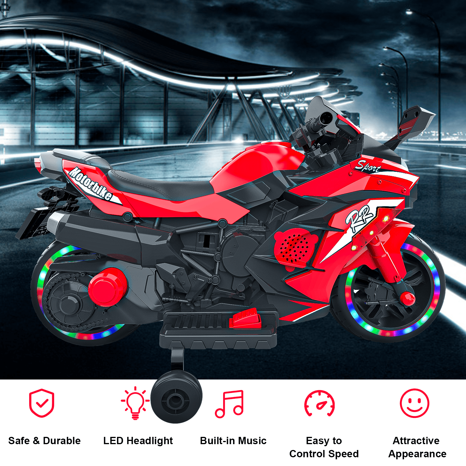 TaTee 12V Kids Electric Motorcycle, Battery Powered Ride-On Toy with Training Wheels for Boys & Girls Ages 3-6, Bluetooth Music & LED Lights, Red